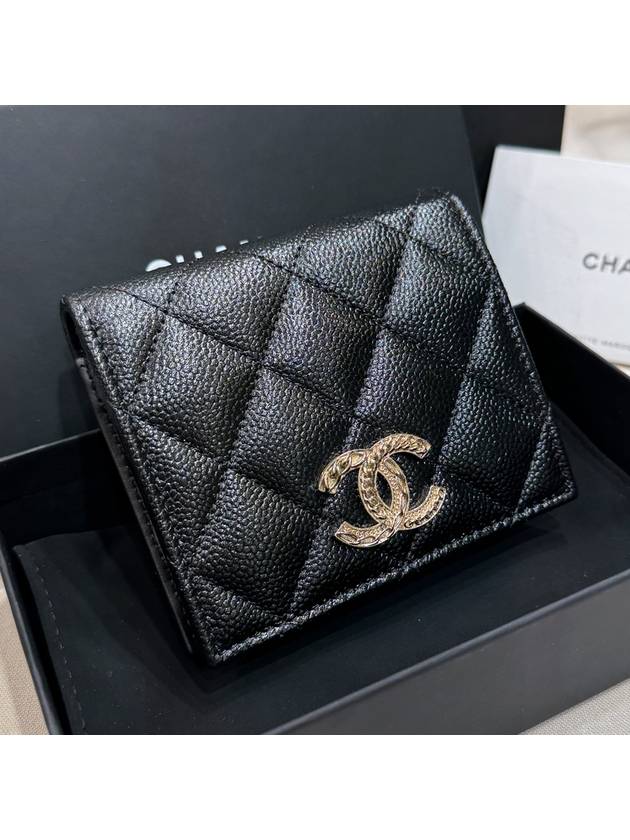 Classic Half Wallet Caviar Skin Black Brooch CC New Logo - CHANEL - BALAAN 3