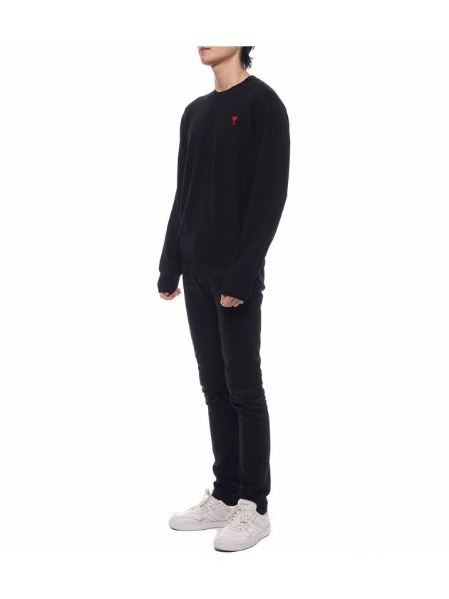 Heart Embroidered Logo Crew Neck Knit Top Black - AMI - BALAAN 5