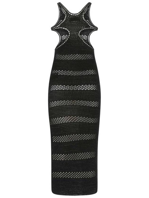 Women's Cutout Striped Crochet Maxi Long Dress Black - SAINT LAURENT - BALAAN 3