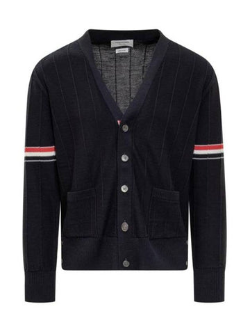 RWB V-neck Striped Virgin Wool Cardigan Navy - THOM BROWNE - BALAAN 1