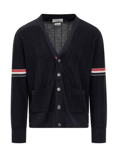 RWB V-neck Striped Virgin Wool Cardigan Navy - THOM BROWNE - BALAAN 1