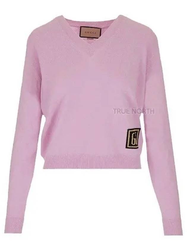 Square Embroidered Logo V-Neck Knit Top Pink - GUCCI - BALAAN 2