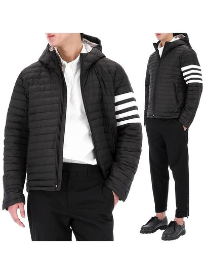 Matte Nylon 4-Bar Stripe Downfill Quilted Hoodie Padding Black - THOM BROWNE - BALAAN 2