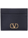 V Logo Signature Grainy Calfskin Card Wallet Black - VALENTINO - BALAAN 1