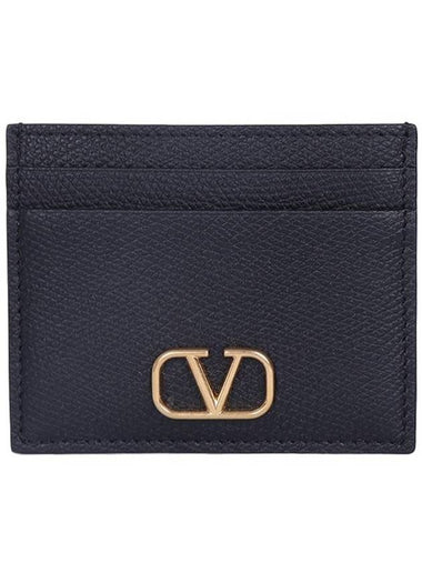 V Logo Signature Grainy Calfskin Card Wallet Black - VALENTINO - BALAAN 1