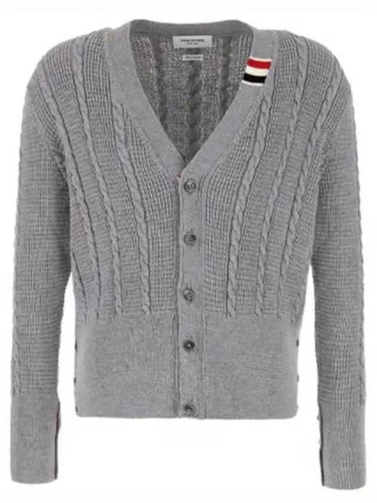 Cable stitch relaxed pullover merino wool V neck cardigan light gray men s jacket 270425 - THOM BROWNE - BALAAN 1