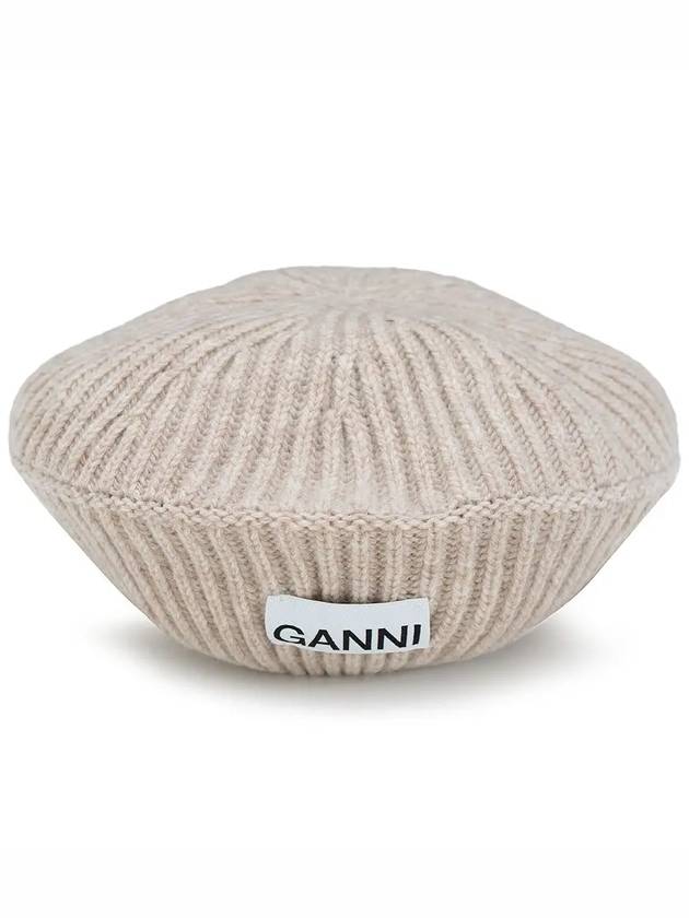 logo rib edge wool beret sand - GANNI - BALAAN.