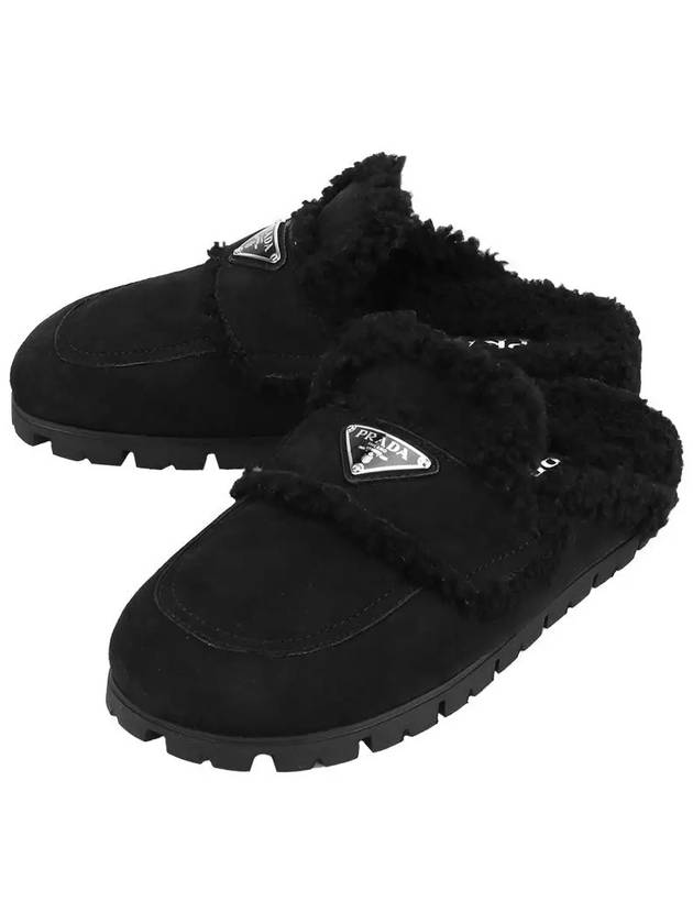 Women's Triangle Logo Shearling Lining Slippers Black - PRADA - BALAAN 3