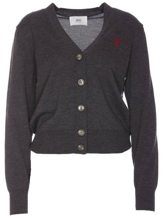 Heart Logo Wool Cardigan Heather Grey - AMI - BALAAN 1