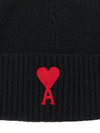 Paris Logo Heart Patch Ribbed Edge Merino Wool Knit Beanie Hat Black - AMI - BALAAN 4