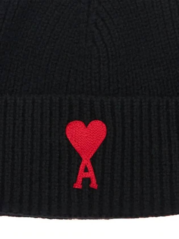 Paris Logo Heart Patch Ribbed Edge Merino Wool Knit Beanie Hat Black - AMI - BALAAN 4