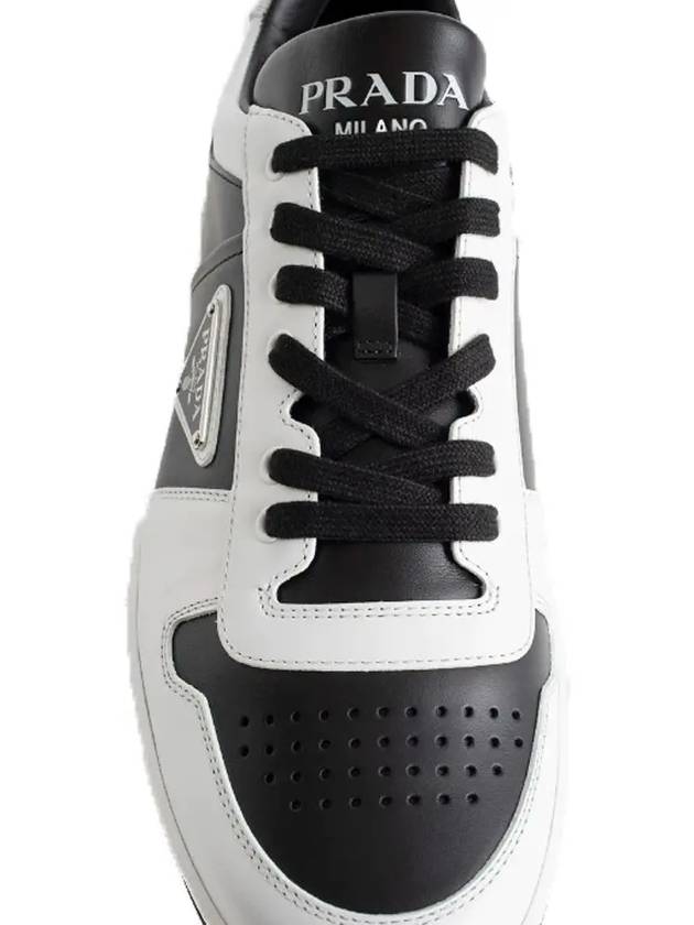 Men's Downtown Triangle Logo Leather Low Top Sneakers Black White - PRADA - BALAAN 5