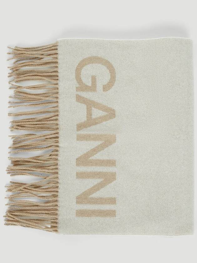 Logo Print Fringe Wool Muffler Beige - GANNI - BALAAN 5