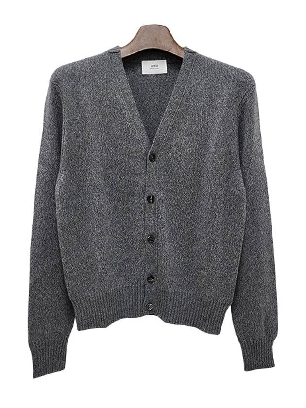 Heart Logo V Neck Cashmere Cardigan Heather Grey - AMI - BALAAN 3