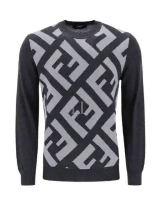 Monogram Jacquard Wool Crewneck Knit Top Grey - FENDI - BALAAN 2