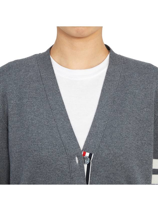 Milano Stitch 4 Bar Classic V Neck Fine Merino Wool Cardigan Medium Grey - THOM BROWNE - BALAAN 9