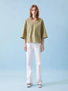 Coated cotton V-neck short sleeve top khaki 001 - VOYONN - BALAAN 9