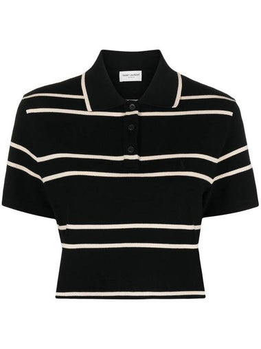 Cassandre Stripe Cotton Crop Polo Shirt Black - SAINT LAURENT - BALAAN 1