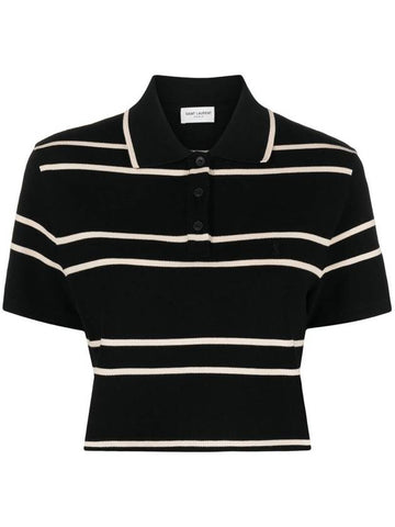 Cassandre Stripe Cotton Crop Polo Shirt Black - SAINT LAURENT - BALAAN 1