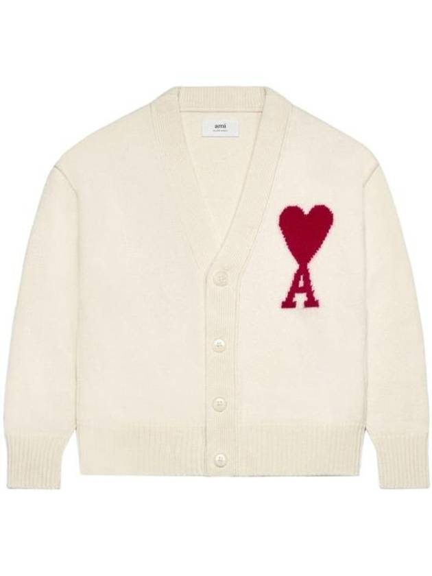 Heart Logo V Neck Wool Cardigan Off White - AMI - BALAAN 2