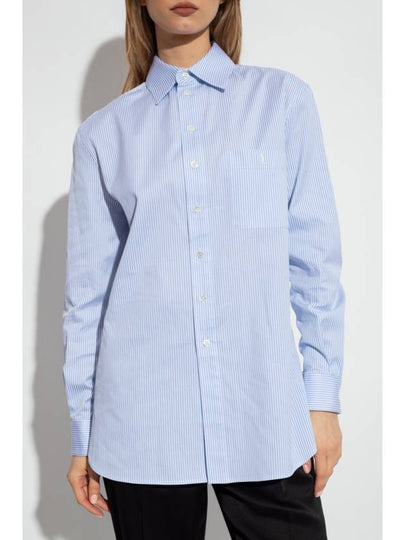 Striped Cotton Poplin Monogram Long Sleeve Shirt Blue - SAINT LAURENT - BALAAN 2