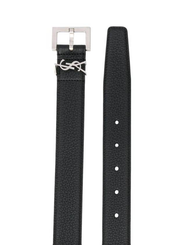 Grained Leather Silver Monogram Belt Black - SAINT LAURENT - BALAAN 3