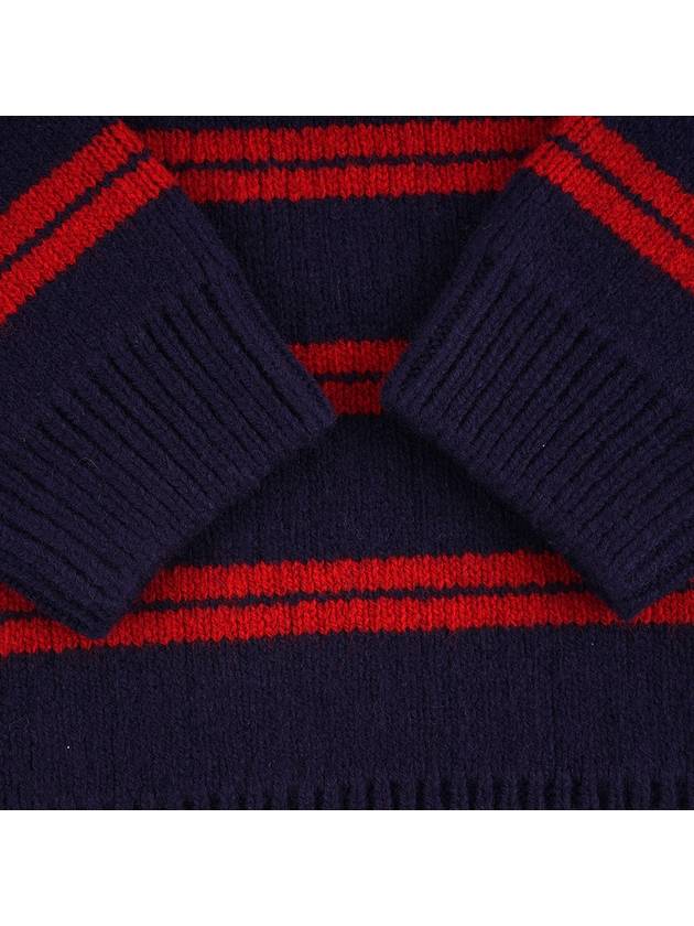 Striped Logo Shetland Wool Crew Neck Knit Top Red Blue - MIU MIU - BALAAN 6