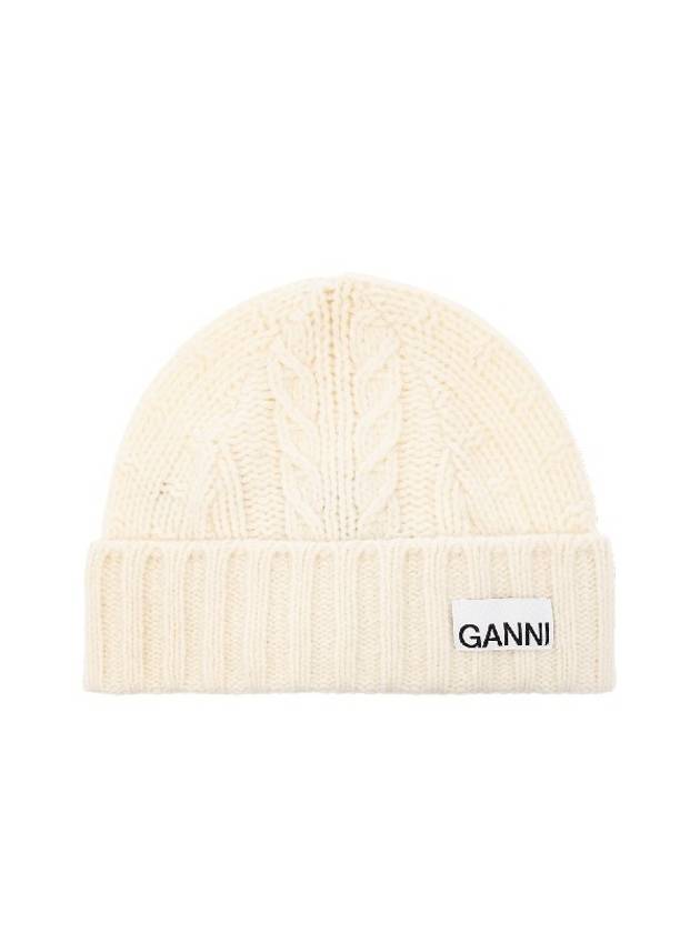 Logo Cable Knit Beanie Egret - GANNI - BALAAN 3