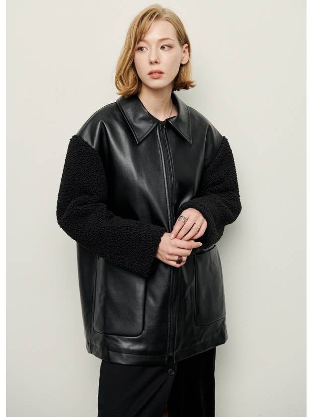 Women's Shearling Leather Zip-Up Jacket Black - PRETONE - BALAAN 7