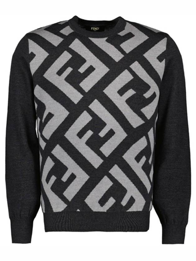 Monogram Jacquard Wool Crewneck Knit Top Grey - FENDI - BALAAN 2