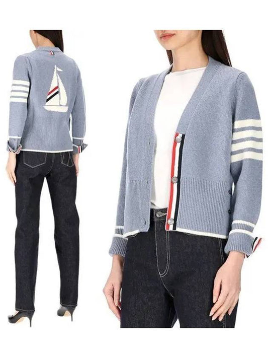 Women's Fine Merino Jersey Sailboat 4 Bar Boxy V Neck Cardigan Dark Blue - THOM BROWNE - BALAAN 2