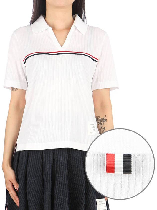 Three Stripes High Twist Rib Polo Shirt White - THOM BROWNE - BALAAN 2