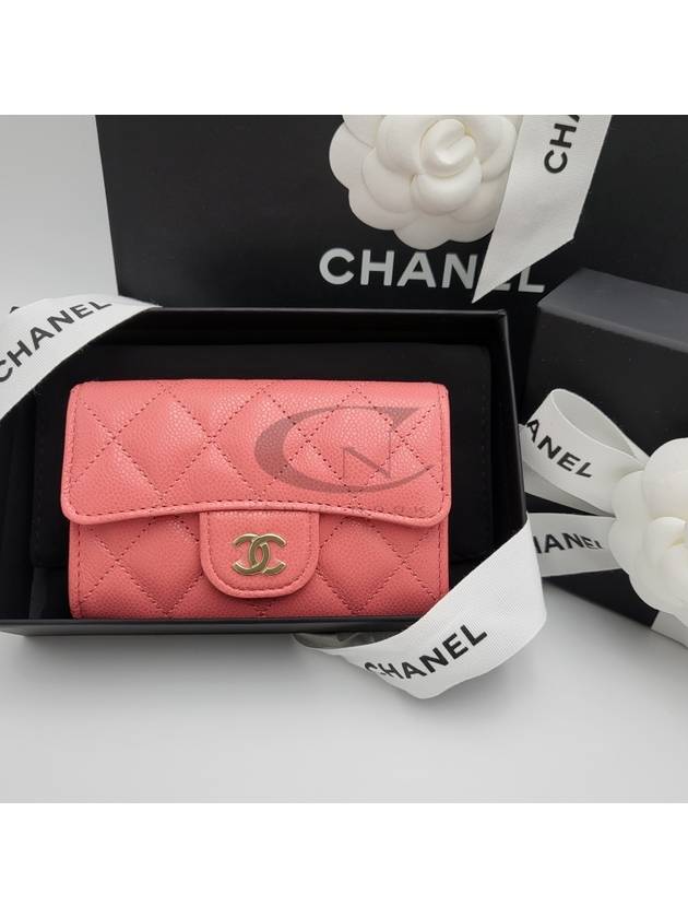 Classic Gold Logo Grained Shiny Calfskin Card Wallet Coral Pink - CHANEL - BALAAN 4