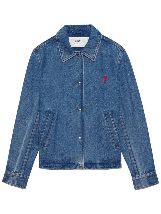 Men's Small Heart Logo Washed Denim Jacket Blue - AMI - BALAAN 2