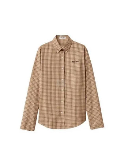 Embroidered Logo Check Long Sleeve Shirt Beige - MIU MIU - BALAAN 2