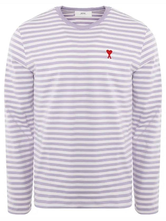 Small Heart Logo Stripe Long Sleeve T-shirt Lilac - AMI - BALAAN 1