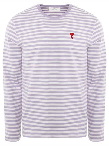 Small Heart Logo Stripe Long Sleeve T-shirt Lilac - AMI - BALAAN 1