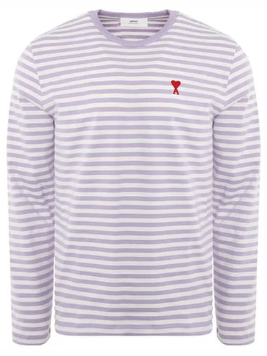 Small Heart Logo Stripe Long Sleeve T-shirt Lilac - AMI - BALAAN 1