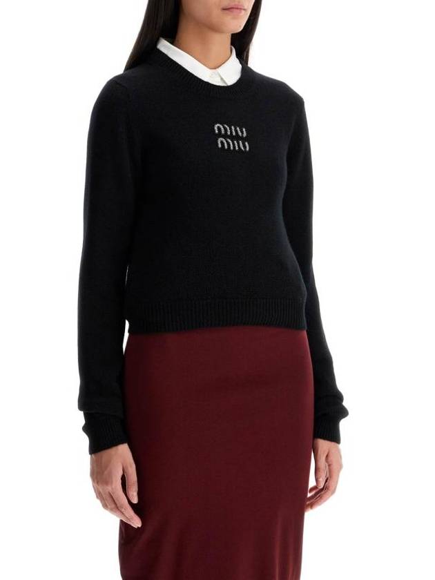 Embroidered Logo Cashmere Knit Top Black - MIU MIU - BALAAN 3