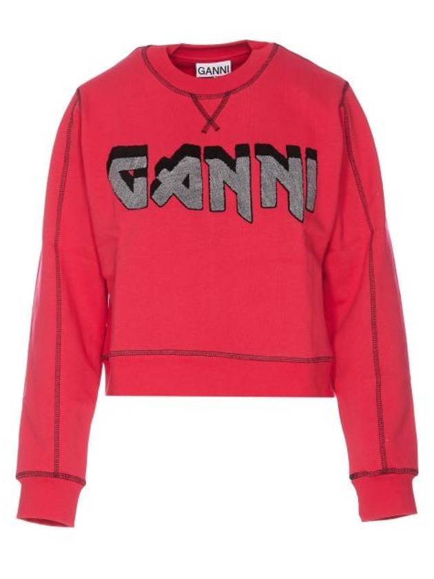 Women's Logo Print Organic Cotton Crop Sweatshirt Dark Pink - GANNI - BALAAN 1