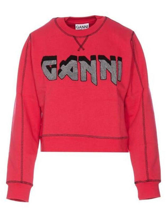 Women's Logo Print Orc Cotton Crop Sweatshirt Dark Pink - GANNI - BALAAN.