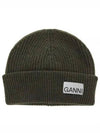 Logo Patch Ribbed Knit Beanie Khaki - GANNI - BALAAN 2