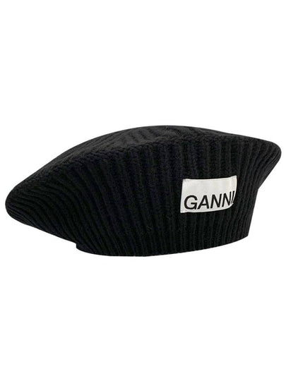 Logo Rib Edge Wool Beret Black - GANNI - BALAAN 2