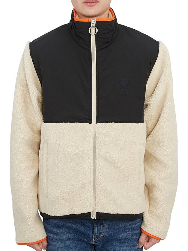 Logo Zip-up Shearling Jacket Beige - AMI - BALAAN 2