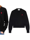 Heart Embroidered Logo Crew Neck Knit Top Black - AMI - BALAAN 2