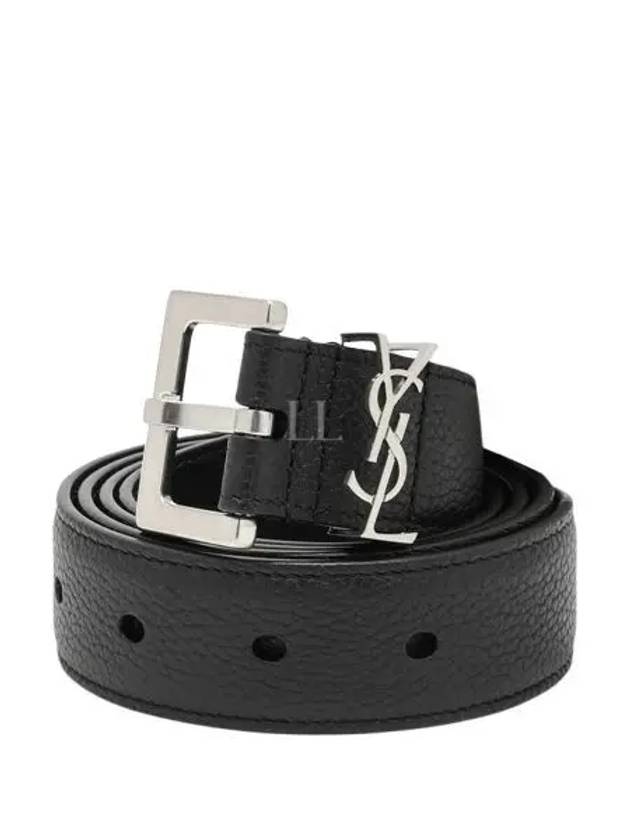 Grained Leather Silver Monogram Belt Black - SAINT LAURENT - BALAAN 2