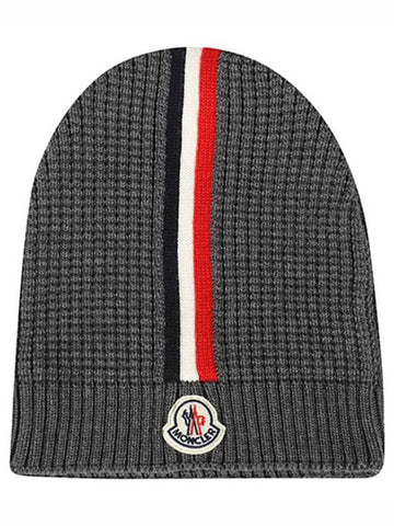 9Z71200 A9364 998 Logo Patch Three Stripes Wool Beanie Gray Hat TJ - MONCLER - BALAAN 1