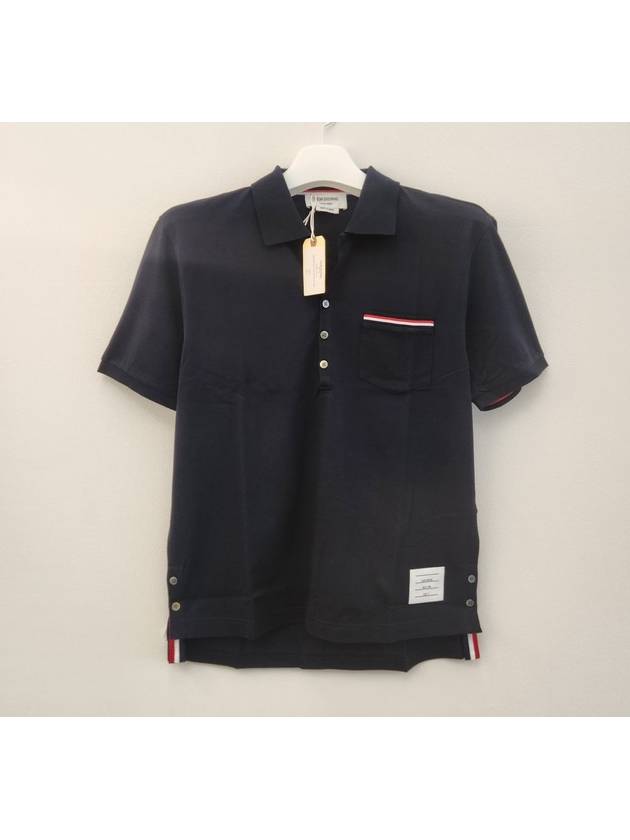 Men's Three Stripes Pocket Mercerized Short Sleeve Polo Shirt Navy - THOM BROWNE - BALAAN 2