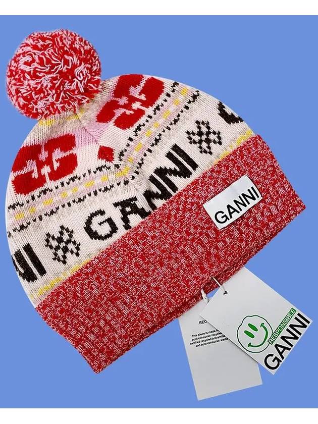 logo graphic intarsia knit beanie red - GANNI - BALAAN.