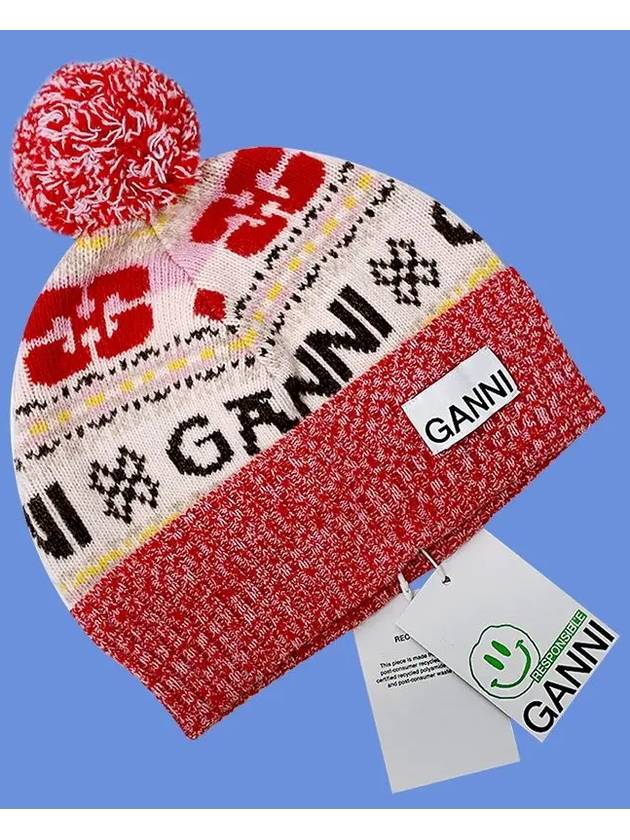 Logo Graphic Intarsia Knit Beanie Red - GANNI - BALAAN 6